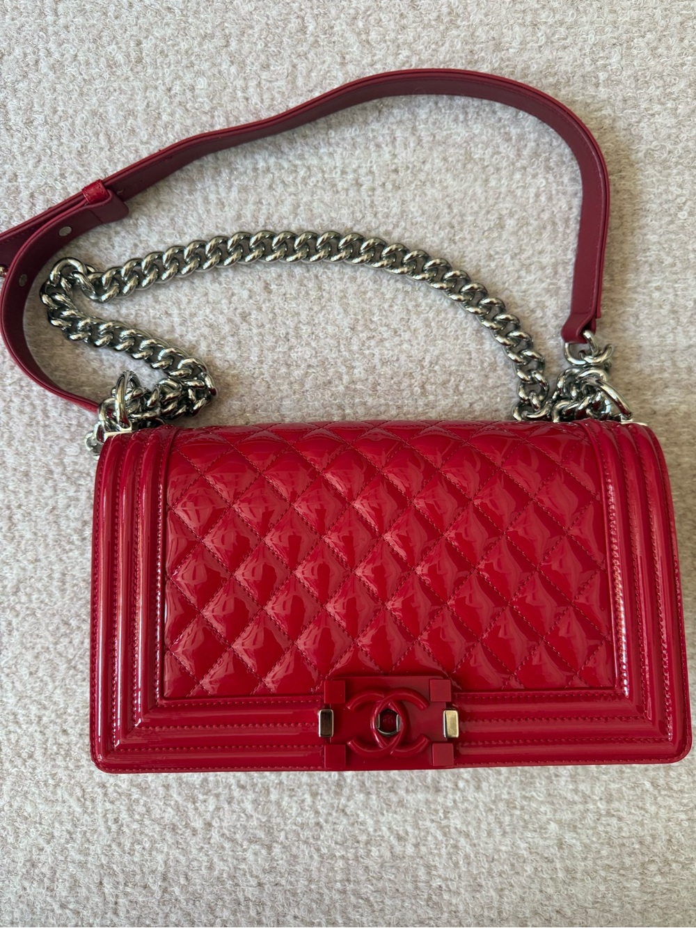 Chanel Red Quilted Patent Leather Boy Bag medium